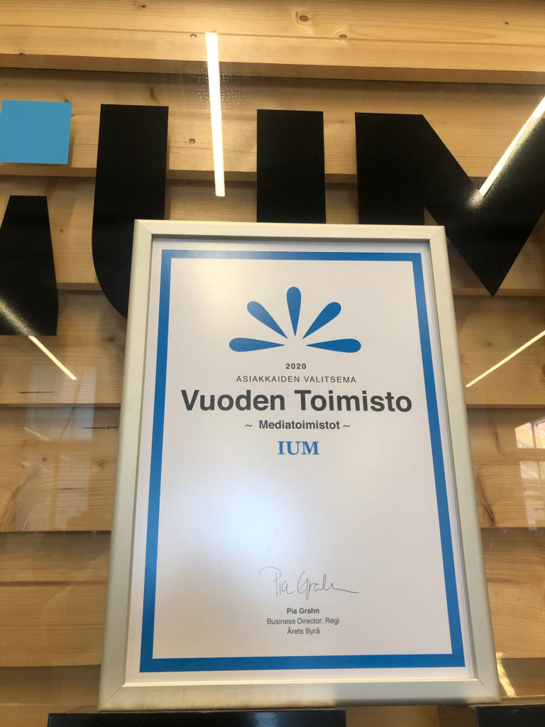 Vuoden toimisto 2020 -kilpailun mediatoimistokategorian voitosta myönnetty diplomi.